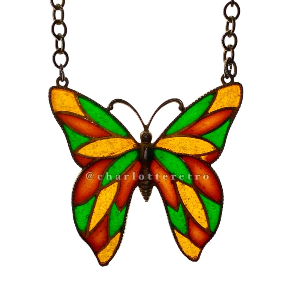Vtg Stained Glass Butterfly Necklace Signed